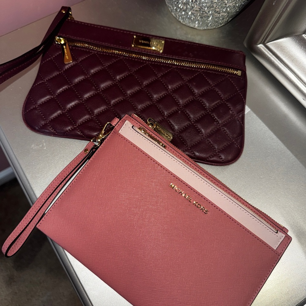 Michael Kors Burgundy Quilted Clutch and Pink Wristlet Set
